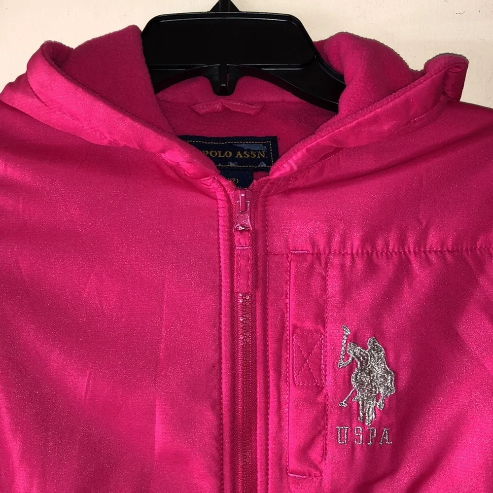 U.S. Polo Assoc. Girl’s Pink Plush Zip Hooded Jacket Pockets Arm Patches M